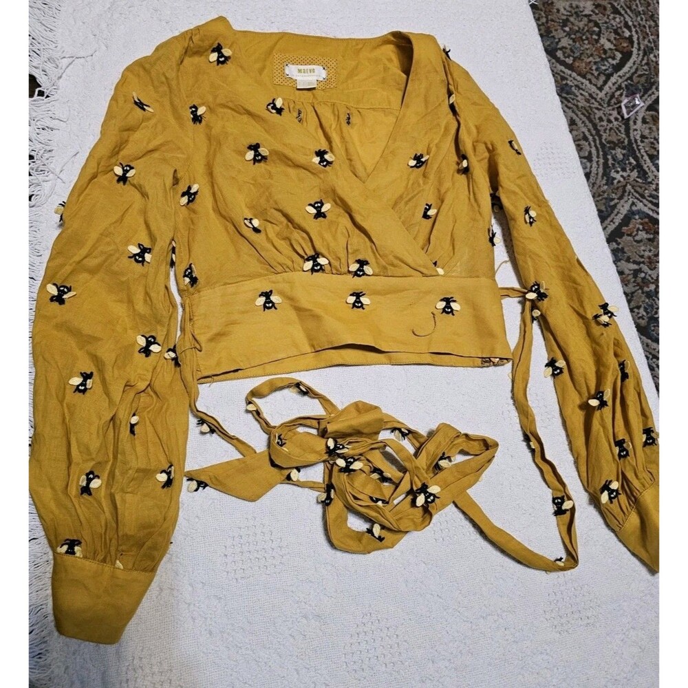 Maeve Anthropologie Bee Embroidered Long Sleeve Wrap Crop Top Yellow Sz 0 Flaw - Picture 2 of 13